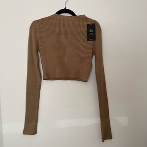 NA-KD Ribbed Tan Long Sleeve Crop Top
